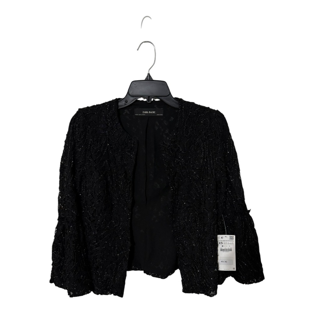 Zara Basic Womens Black Lace Metallic Open Front Bell Sleeve Jacket 8741/222 XS